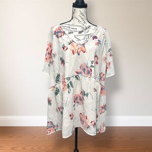 Lucky Brand 3X Ivory Pink Floral Textured Chiffon Blouse V-Neck Boho Cottagecore